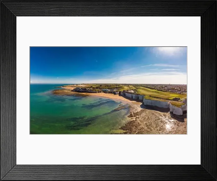 Framed Print : Drone aerial view of the beach and white cliffs on sunny day, Margate, England, UK Framed Print : Drone aerial view of the beach and white cliffs on sunny day, Margate, England, UK
