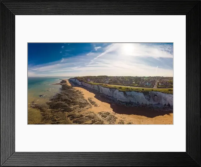 Framed Print : Drone aerial view of the beach and white cliffs on sunny day, Margate, England, UK Framed Print : Drone aerial view of the beach and white cliffs on sunny day, Margate, England, UK