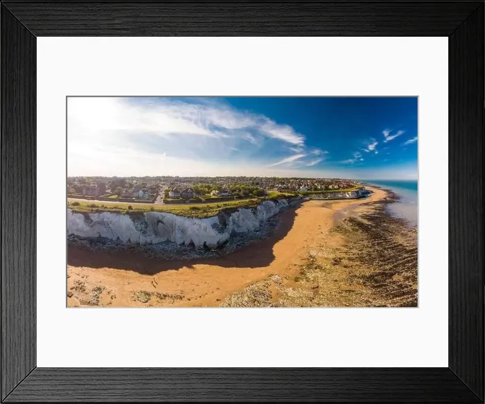 Framed Print : Drone aerial view of the beach and white cliffs on sunny day, Margate, England, UK Framed Print : Drone aerial view of the beach and white cliffs on sunny day, Margate, England, UK