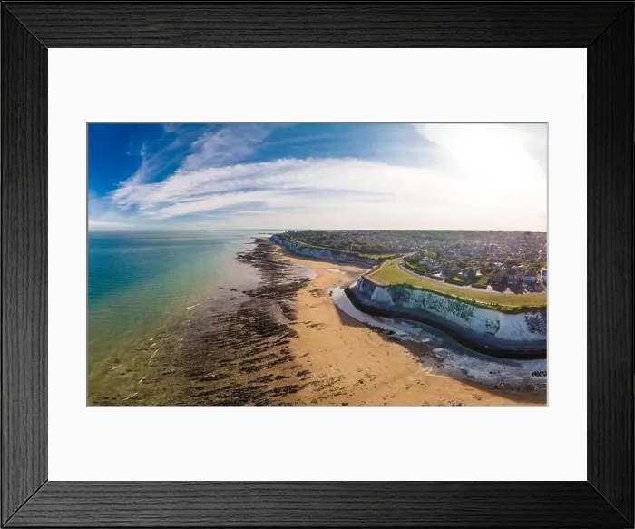 Framed Print : Drone aerial view of the beach and white cliffs on sunny day, Margate, England, UK Framed Print : Drone aerial view of the beach and white cliffs on sunny day, Margate, England, UK