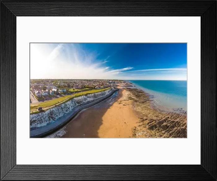 Framed Print : Drone aerial view of the beach and white cliffs on sunny day, Margate, England, UK Framed Print : Drone aerial view of the beach and white cliffs on sunny day, Margate, England, UK