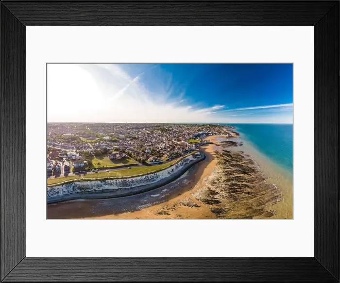 Framed Print : Drone aerial view of the beach and white cliffs on sunny day, Margate, England, UK Framed Print : Drone aerial view of the beach and white cliffs on sunny day, Margate, England, UK
