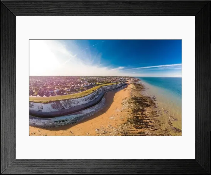 Framed Print : Drone aerial view of the beach and white cliffs on sunny day, Margate, England, UK Framed Print : Drone aerial view of the beach and white cliffs on sunny day, Margate, England, UK