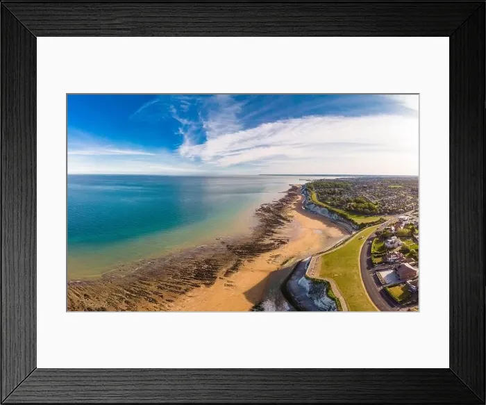 Framed Print : Drone aerial view of the beach and white cliffs on sunny day, Margate, England, UK Framed Print : Drone aerial view of the beach and white cliffs on sunny day, Margate, England, UK