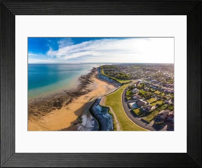 Framed Print : Drone aerial view of the beach and white cliffs on sunny day, Margate, England, UK Framed Print : Drone aerial view of the beach and white cliffs on sunny day, Margate, England, UK