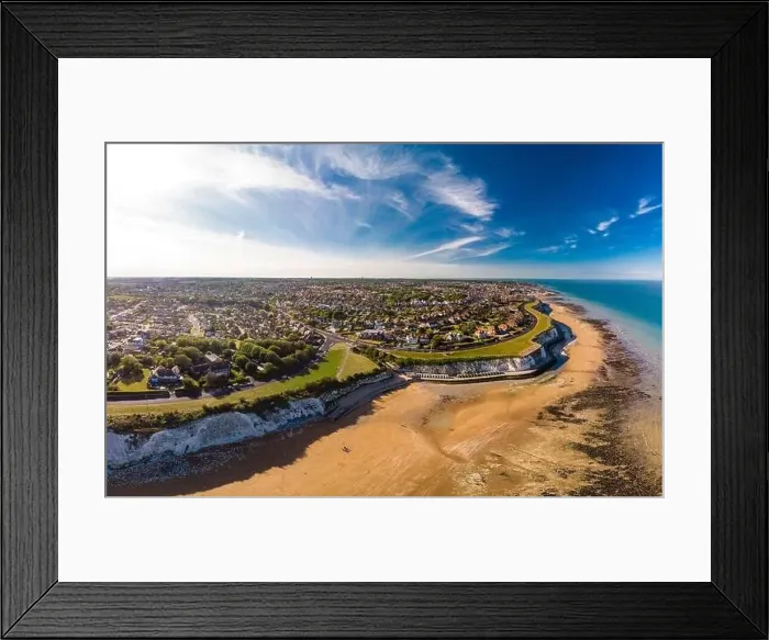 Framed Print : Drone aerial view of the beach and white cliffs on sunny day, Margate, England, UK