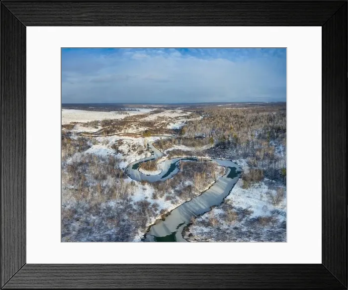 Framed Print : Aerial photo panorama of Koen river under ice and snow. Beautiful winter landscape. Novosibirsk, Siberia, Russia Framed Print : Aerial photo panorama of Koen river under ice and snow. Beautiful winter landscape. Novosibirsk, Siberia, Russia