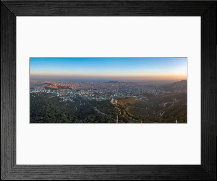 Framed Print : Panorama Aerial drone shot of Tibidabo Mountain with city view of Barcelona during sunset Framed Print : Panorama Aerial drone shot of Tibidabo Mountain with city view of Barcelona during sunset