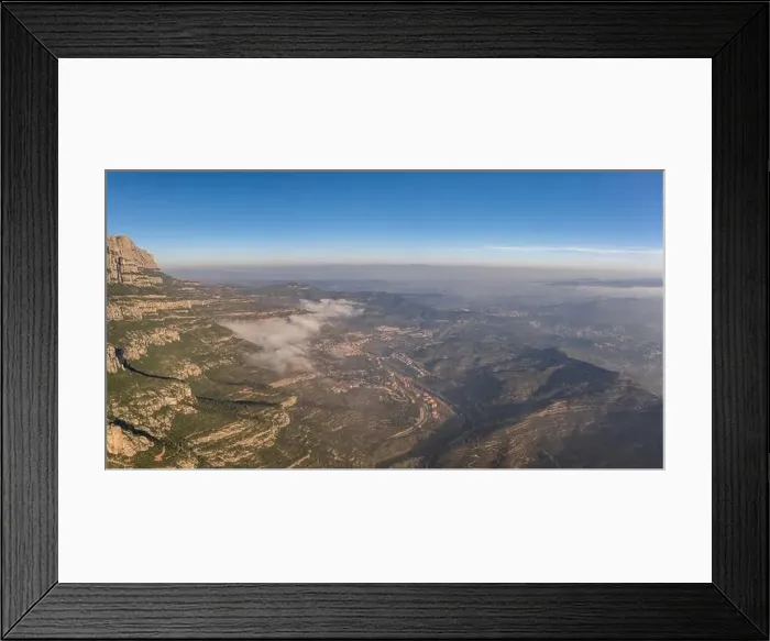 Framed Print : Panoramic aerial drone shot of Cap de Bou at Montserrat near Barcelona with morning fog Framed Print : Panoramic aerial drone shot of Cap de Bou at Montserrat near Barcelona with morning fog