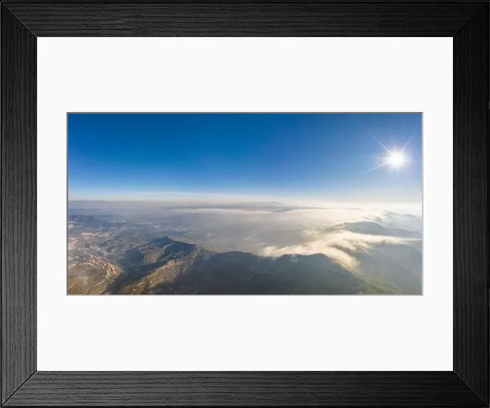 Framed Print : Panoramic aerial drone view of fogs over mountain in Montserrat Barcelona in morning Framed Print : Panoramic aerial drone view of fogs over mountain in Montserrat Barcelona in morning