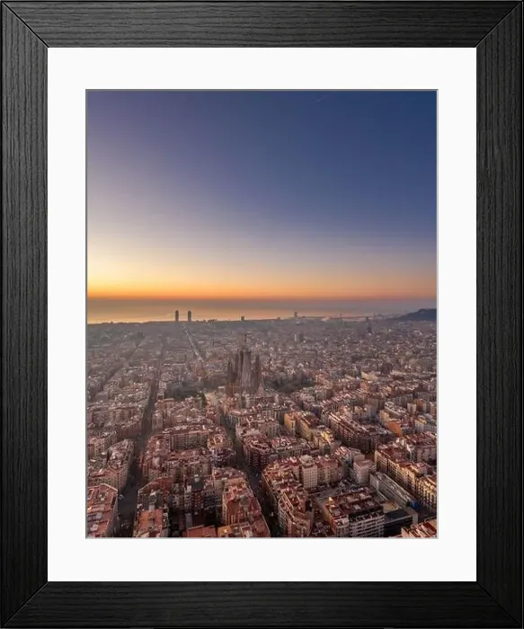 Framed Print : Aerial drone shot of Barcelona city before sunrise golden hour Framed Print : Aerial drone shot of Barcelona city before sunrise golden hour
