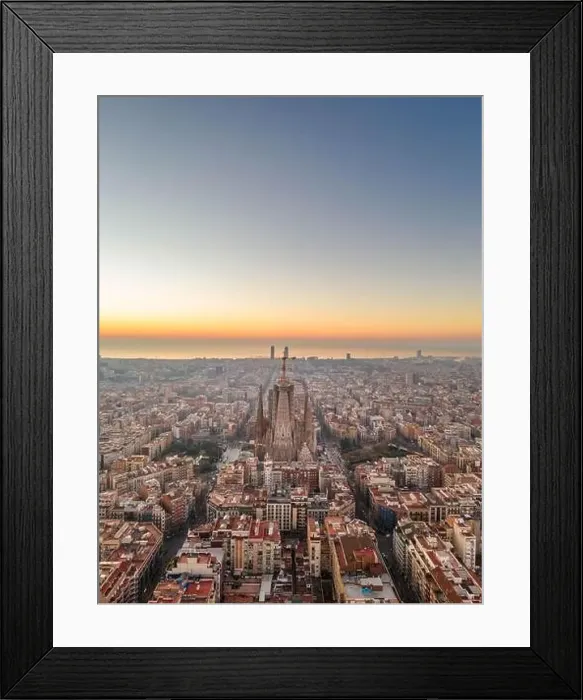 Framed Print : Aerial drone shot of Barcelona city before sunrise golden hour Framed Print : Aerial drone shot of Barcelona city before sunrise golden hour