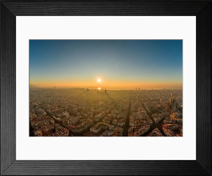 Framed Print : Aerial drone shot of rising sun over Barcelona city beach Framed Print : Aerial drone shot of rising sun over Barcelona city beach