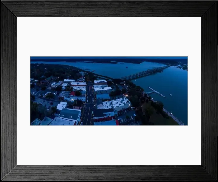 Framed Print : Aerial panorama of the small town of Beaufort, South Carolina and river at night Framed Print : Aerial panorama of the small town of Beaufort, South Carolina and river at night