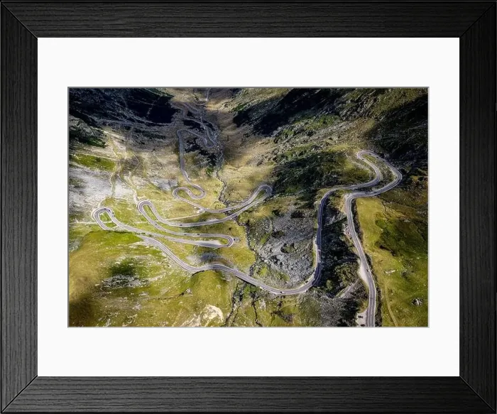 Framed Print : Road in the mountains. Steep turns. View from above. High resolution Framed Print : Road in the mountains. Steep turns. View from above. High resolution