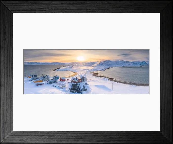 Framed Print : Snowy village of Veines and arctic sea lit by the sunrise, aerial view, Kongsfjord, Varanger Peninsula, Finnmark, Norway Framed Print : Snowy village of Veines and arctic sea lit by the sunrise, aerial view, Kongsfjord, Varanger Peninsula, Finnmark, Norway
