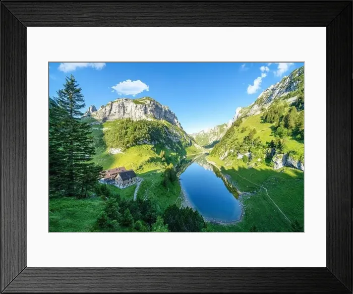 Framed Print : Aerial view of Bollenwees Hutte chalet on shores of Falensee lake, Appenzell Canton, Alpstein Range, Switzerland Framed Print : Aerial view of Bollenwees Hutte chalet on shores of Falensee lake, Appenzell Canton, Alpstein Range, Switzerland