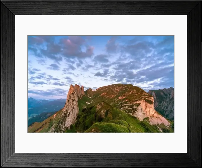 Framed Print : Clouds at sunset over Saxer Lucke peak in summer, Appenzell Canton, Alpstein Range, Switzerland Framed Print : Clouds at sunset over Saxer Lucke peak in summer, Appenzell Canton, Alpstein Range, Switzerland