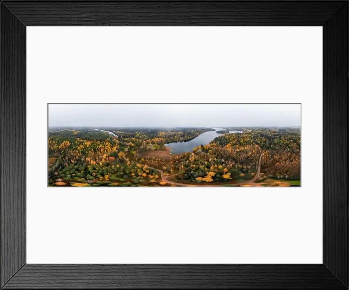 Framed Print : Panoramic aerial view of lake and colorful forests on a autumn day in Finland. Drone photography Framed Print : Panoramic aerial view of lake and colorful forests on a autumn day in Finland. Drone photography