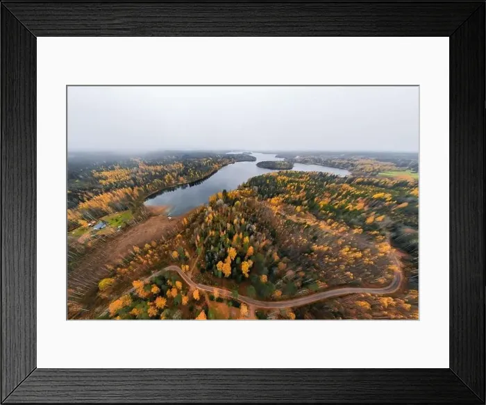 Framed Print : Panoramic aerial view of lake and colorful forests on a autumn day in Finland. Drone photography
