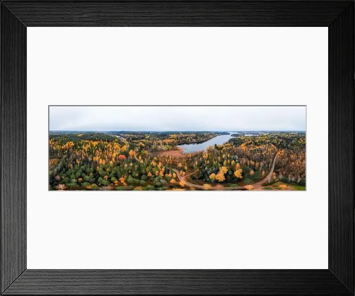 Framed Print : Panoramic aerial view of lake and colorful forests on a autumn day in Finland. Drone photography Framed Print : Panoramic aerial view of lake and colorful forests on a autumn day in Finland. Drone photography
