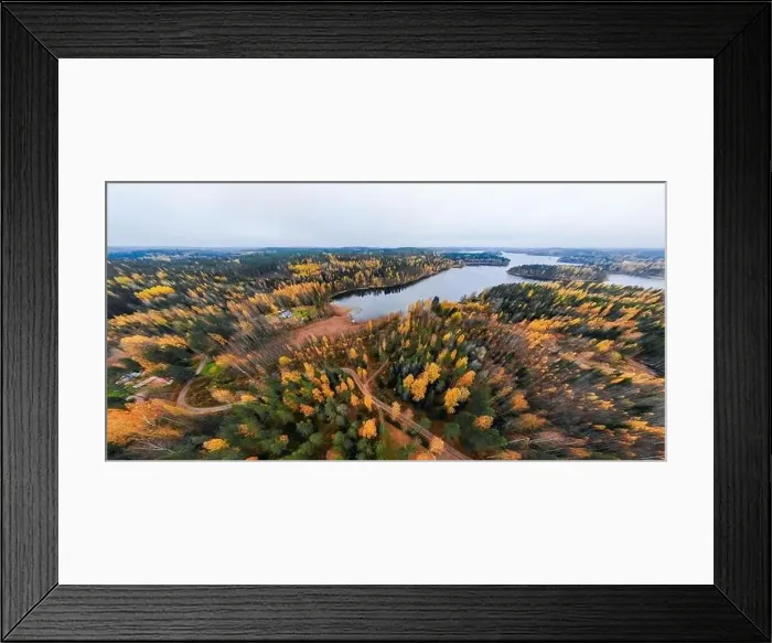 Framed Print : Panoramic aerial view of lake and colorful forests on a autumn day in Finland. Drone photography Framed Print : Panoramic aerial view of lake and colorful forests on a autumn day in Finland. Drone photography