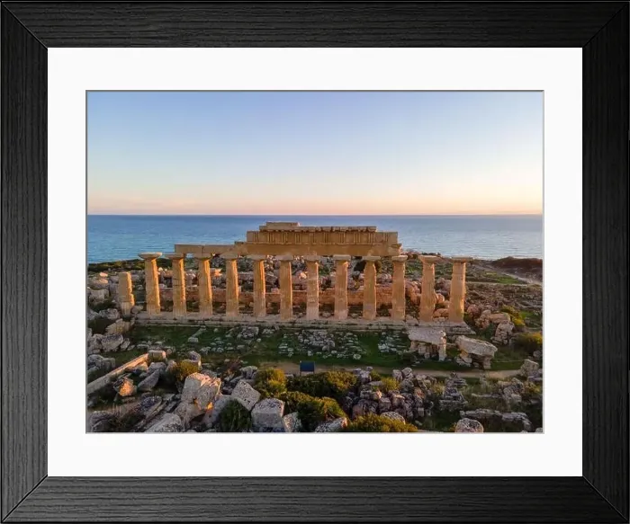 Framed Print : Selinunte, Temple, Sicily, Italy, drone aerial view of the Greek Roman temples during sunset. Sicily Italy