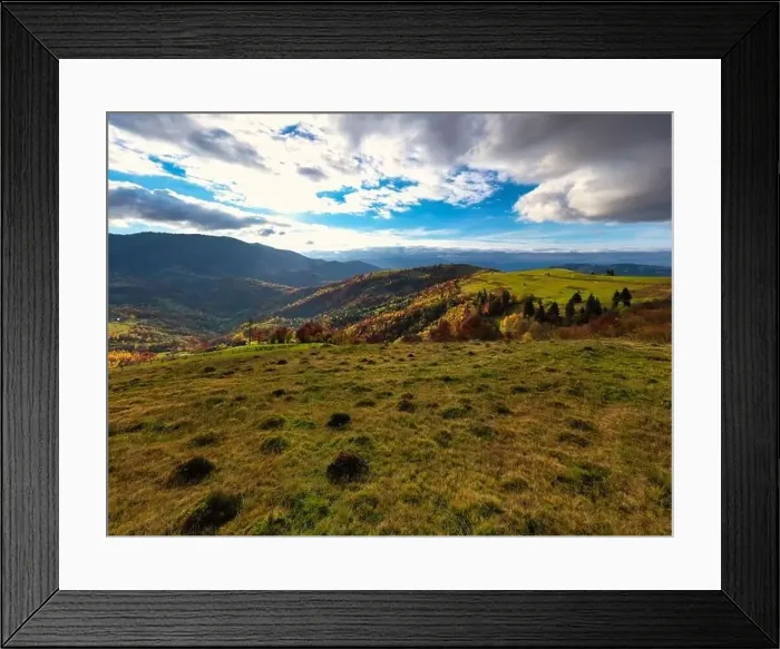 Framed Print : Sky with white and fluffy layer of clouds over green autumn hills, Aerial panoramic drone shot Framed Print : Sky with white and fluffy layer of clouds over green autumn hills, Aerial panoramic drone shot