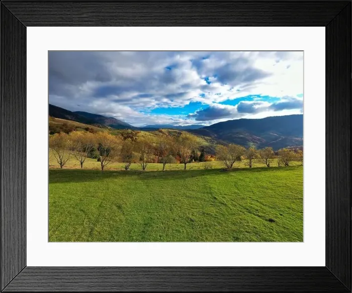Framed Print : Sky with white and fluffy layer of clouds over green autumn hills, Aerial panoramic drone shot Framed Print : Sky with white and fluffy layer of clouds over green autumn hills, Aerial panoramic drone shot