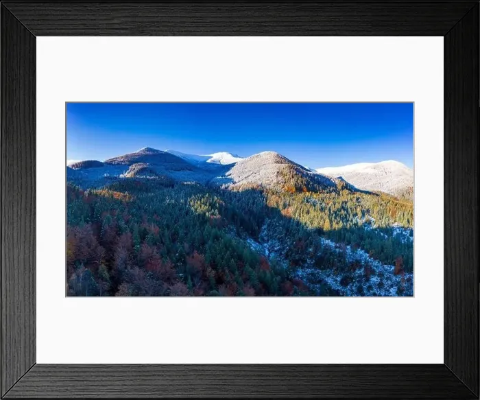 Framed Print : Picturesque mountain landscapes of autumn with snow near the village of Dzembronya in Ukraine Carpathians mountains Framed Print : Picturesque mountain landscapes of autumn with snow near the village of Dzembronya in Ukraine Carpathians mountains