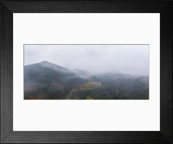 Framed Print : Rainy foggy and gray weather in the mountain valley of the Carpathians in Ukraine in small village Aerial panoramic Framed Print : Rainy foggy and gray weather in the mountain valley of the Carpathians in Ukraine in small village Aerial panoramic