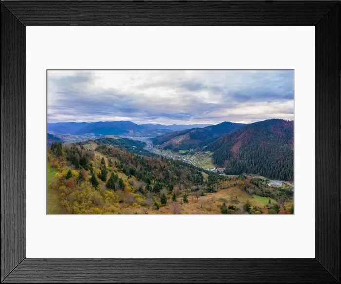 Framed Print : Small village in a mountain valley of the Carpathian Mountains on an autumn day in Ukraine in the village of Dzembronya Framed Print : Small village in a mountain valley of the Carpathian Mountains on an autumn day in Ukraine in the village of Dzembronya