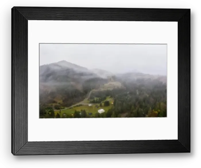 Framed Print : Rainy foggy and gray weather in the mountain valley of the Carpathians in Ukraine in small village Aerial panoramic Framed Print : Rainy foggy and gray weather in the mountain valley of the Carpathians in Ukraine in small village Aerial panoramic