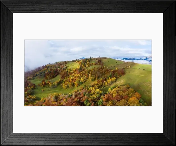 Framed Print : Autumn flight through blue sky in Carpatian autumn mountains, Aerial panoramic drone shot Framed Print : Autumn flight through blue sky in Carpatian autumn mountains, Aerial panoramic drone shot