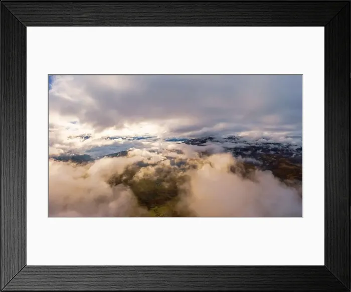Framed Print : Autumn flight through blue sky in Carpatian autumn mountains, Aerial panoramic drone shot Framed Print : Autumn flight through blue sky in Carpatian autumn mountains, Aerial panoramic drone shot