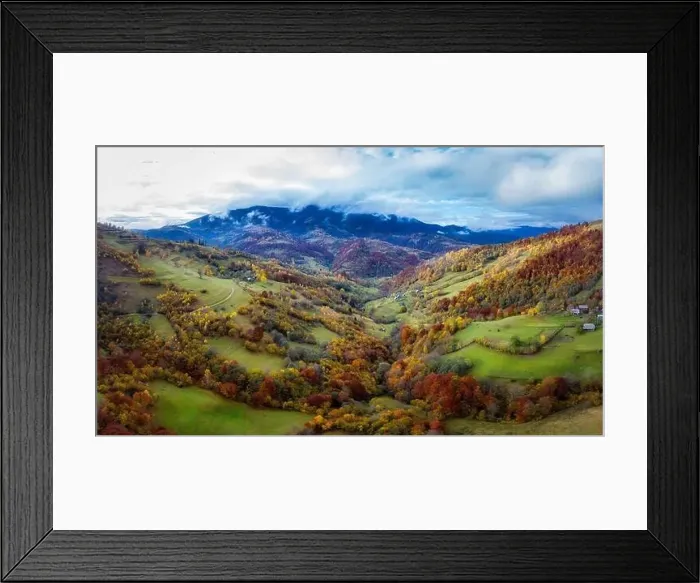 Framed Print : Sky with white and fluffy layer of clouds over green autumn hills, Aerial panoramic drone shot Framed Print : Sky with white and fluffy layer of clouds over green autumn hills, Aerial panoramic drone shot