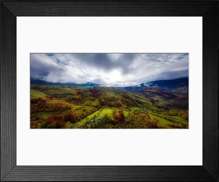 Framed Print : Autumn flight through blue sky in Carpatian autumn mountains, Aerial panoramic drone shot Framed Print : Autumn flight through blue sky in Carpatian autumn mountains, Aerial panoramic drone shot