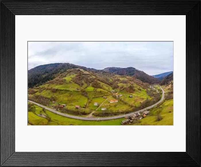 Framed Print : Small village in a mountain valley of the Carpathian Mountains on an autumn day in Ukraine along a road Framed Print : Small village in a mountain valley of the Carpathian Mountains on an autumn day in Ukraine along a road