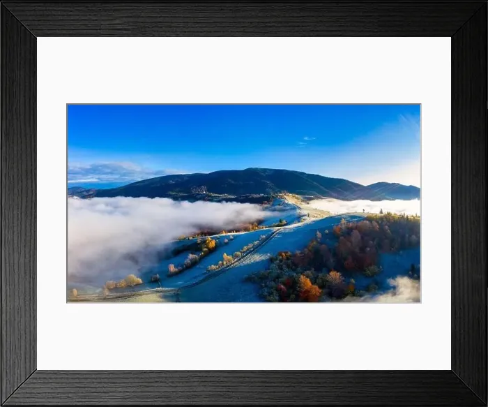 Framed Print : Autumn flight through blue sky in Carpatian autumn mountains, Aerial panoramic drone shot Framed Print : Autumn flight through blue sky in Carpatian autumn mountains, Aerial panoramic drone shot