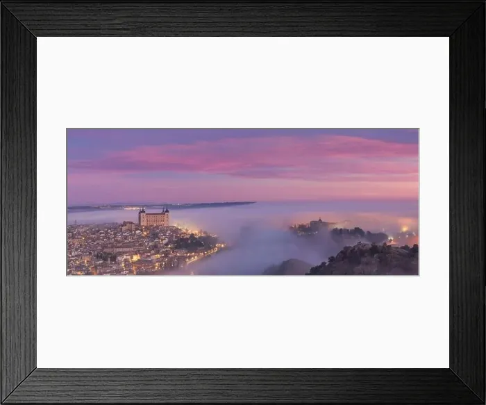 Framed Print : From above wonderful landscape of medieval castle built over city in misty colorful sunrise Framed Print : From above wonderful landscape of medieval castle built over city in misty colorful sunrise