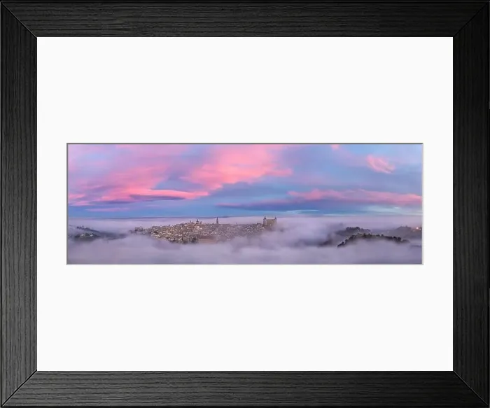 Framed Print : From above wonderful landscape of medieval castle built over city in misty colorful sunrise Framed Print : From above wonderful landscape of medieval castle built over city in misty colorful sunrise