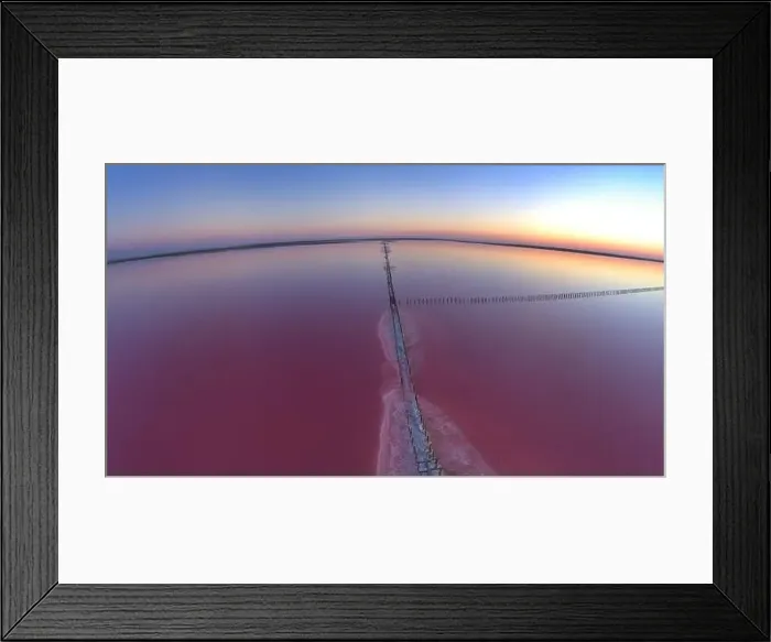 Framed Print : Top view of a shiny salty pink lake and a path along it Framed Print : Top view of a shiny salty pink lake and a path along it