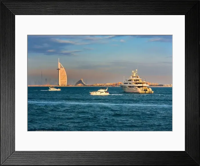 Framed Print : Dubai city - amazing city center skyline and famous Jumeirah beach at sunset, United Arab Emirates Framed Print : Dubai city - amazing city center skyline and famous Jumeirah beach at sunset, United Arab Emirates