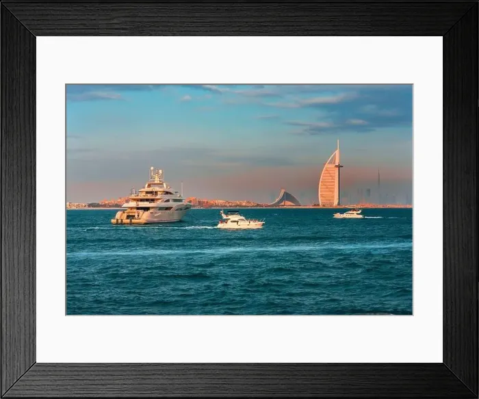 Framed Print : Dubai city - amazing city center skyline and famous Jumeirah beach at sunset, United Arab Emirates Framed Print : Dubai city - amazing city center skyline and famous Jumeirah beach at sunset, United Arab Emirates