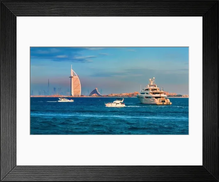 Framed Print : Dubai city - amazing city center skyline and famous Jumeirah beach at sunset, United Arab Emirates Framed Print : Dubai city - amazing city center skyline and famous Jumeirah beach at sunset, United Arab Emirates