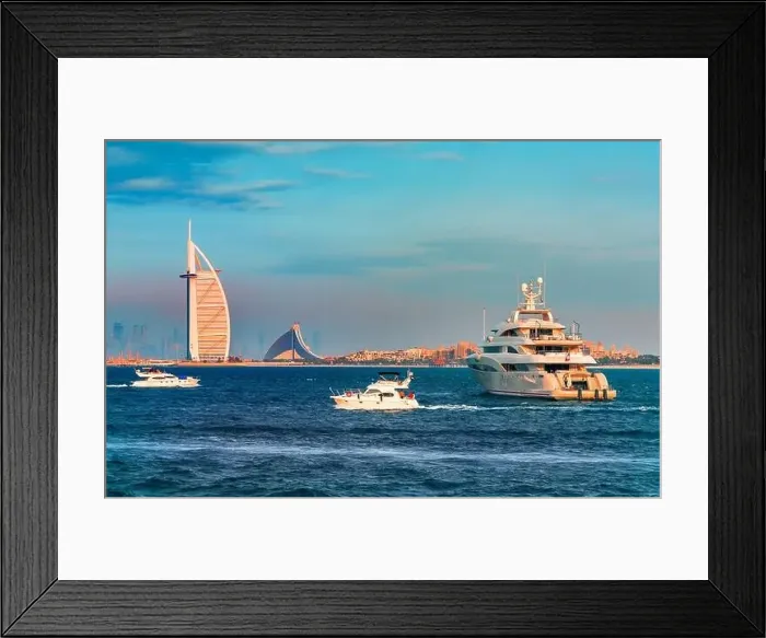 Framed Print : Dubai city - amazing city center skyline and famous Jumeirah beach at sunset, United Arab Emirates Framed Print : Dubai city - amazing city center skyline and famous Jumeirah beach at sunset, United Arab Emirates