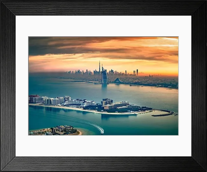 Framed Print : Dubai city - amazing city center skyline and famous Jumeirah beach at sunset, United Arab Emirates Framed Print : Dubai city - amazing city center skyline and famous Jumeirah beach at sunset, United Arab Emirates