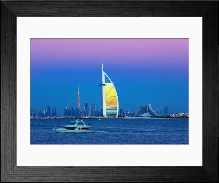 Framed Print : Dubai city - amazing city center skyline and famous Jumeirah beach at sunset, United Arab Emirates