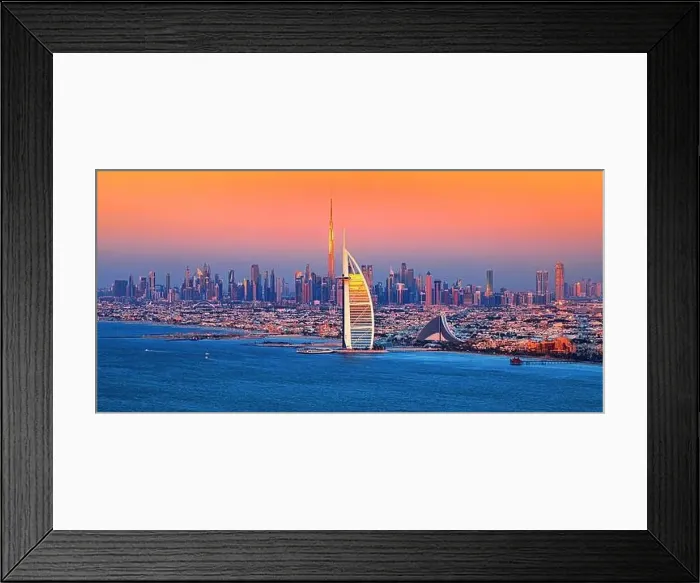 Framed Print : Dubai city - amazing city center skyline and famous Jumeirah beach at sunset, United Arab Emirates Framed Print : Dubai city - amazing city center skyline and famous Jumeirah beach at sunset, United Arab Emirates