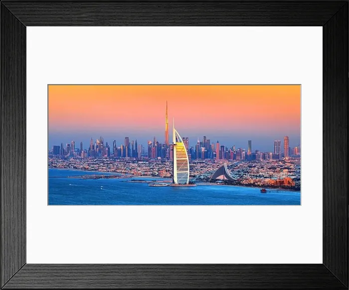 Framed Print : Dubai city - amazing city center skyline and famous Jumeirah beach at sunset, United Arab Emirates Framed Print : Dubai city - amazing city center skyline and famous Jumeirah beach at sunset, United Arab Emirates